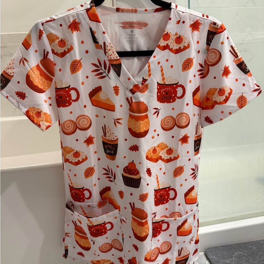 Autumn Dessert Print Medical Scrub Top - Orange & White